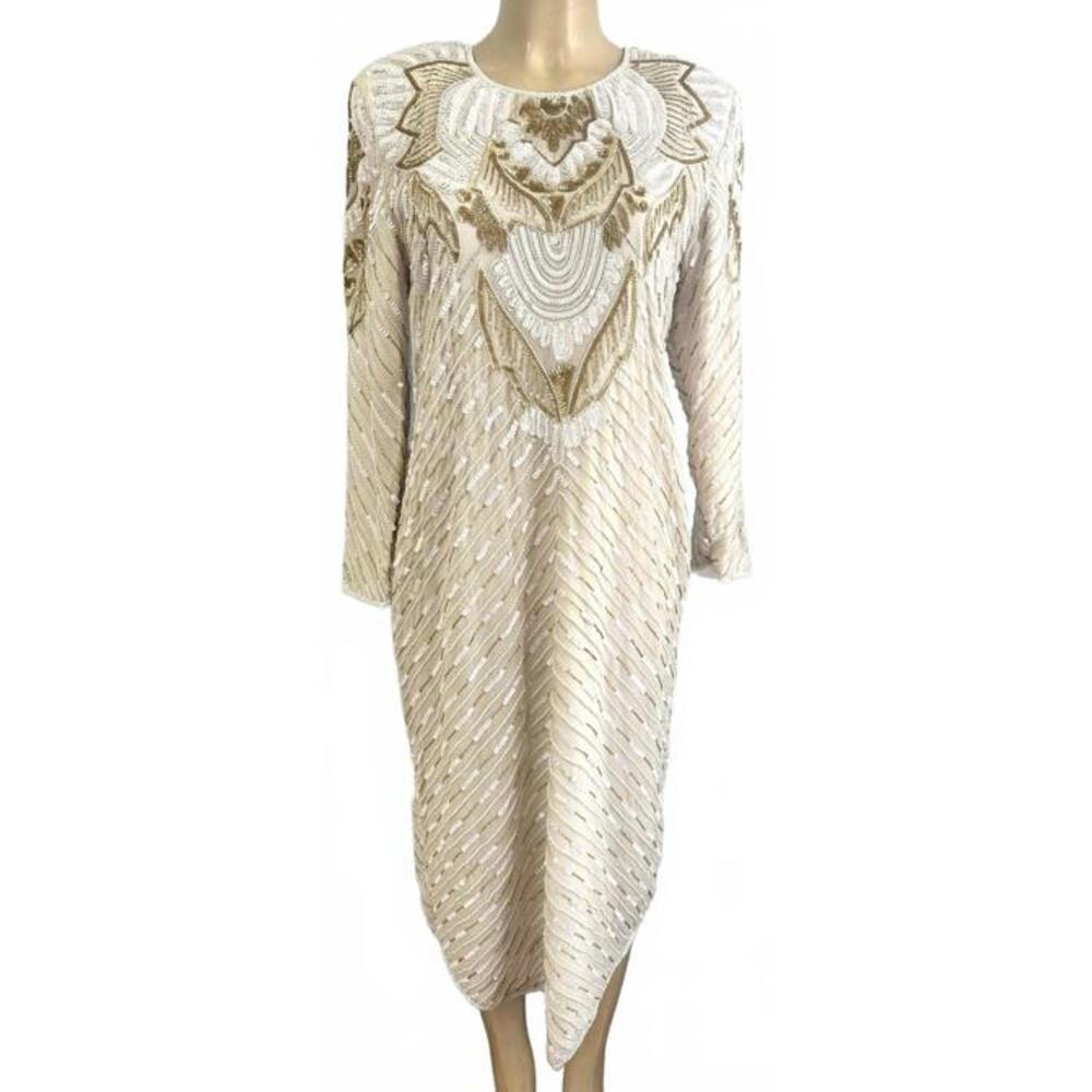 Sequin Elegant Evening Dress White with Gold Sequins